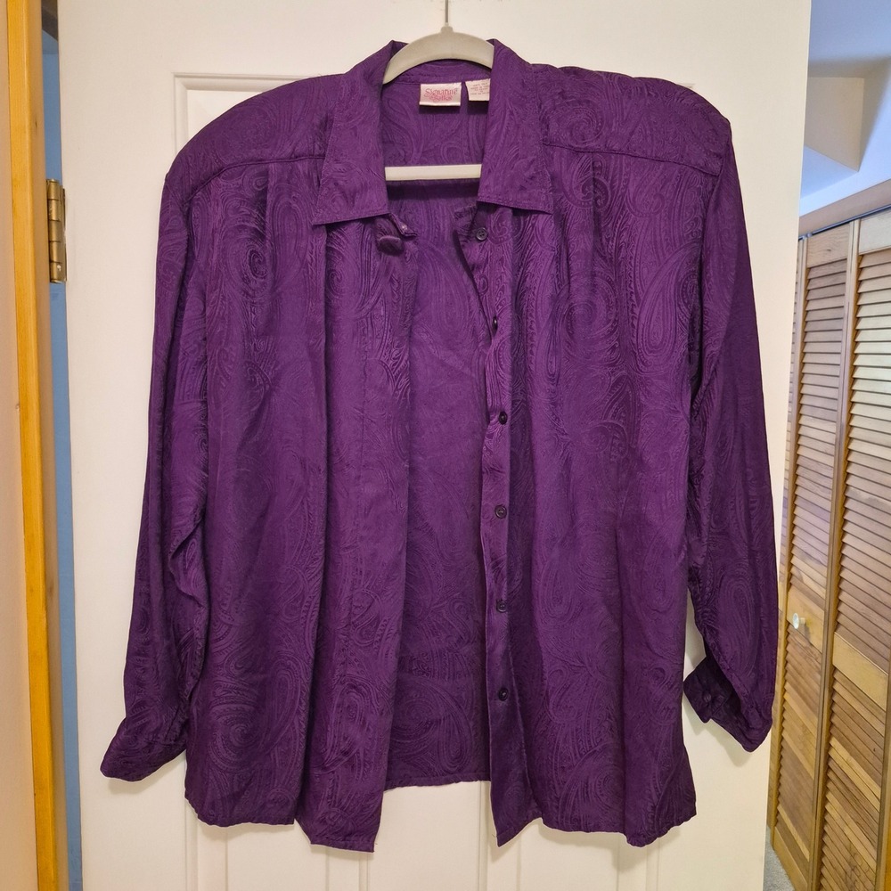 Signature‎ Silks Purple 100% Silk Paisley Jacquard Button Front Blouse Womens S